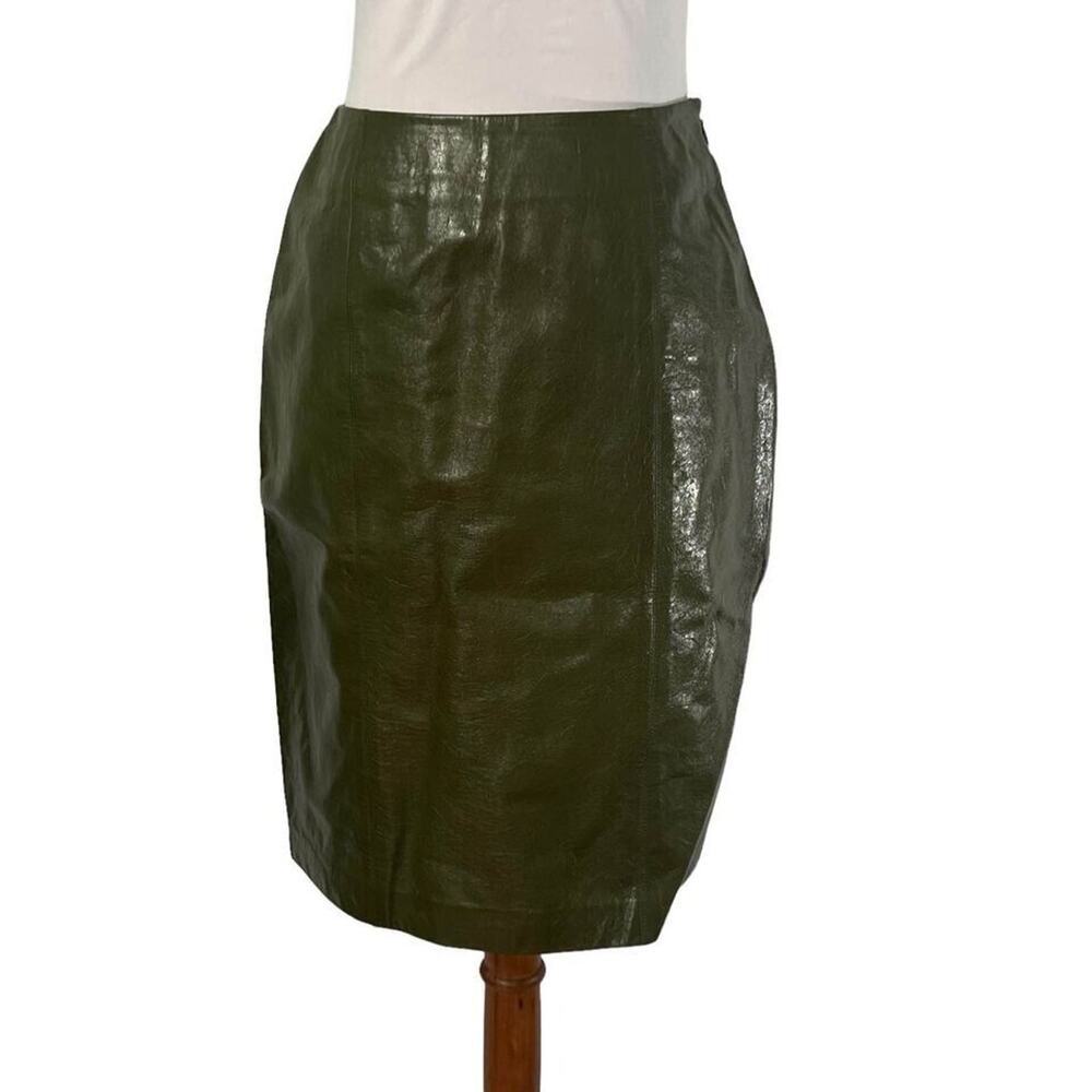 Vintage 80s Linda Allard for Ellen Tracy Olive Green Leather skirt 4 Petite - Picture 2 of 8